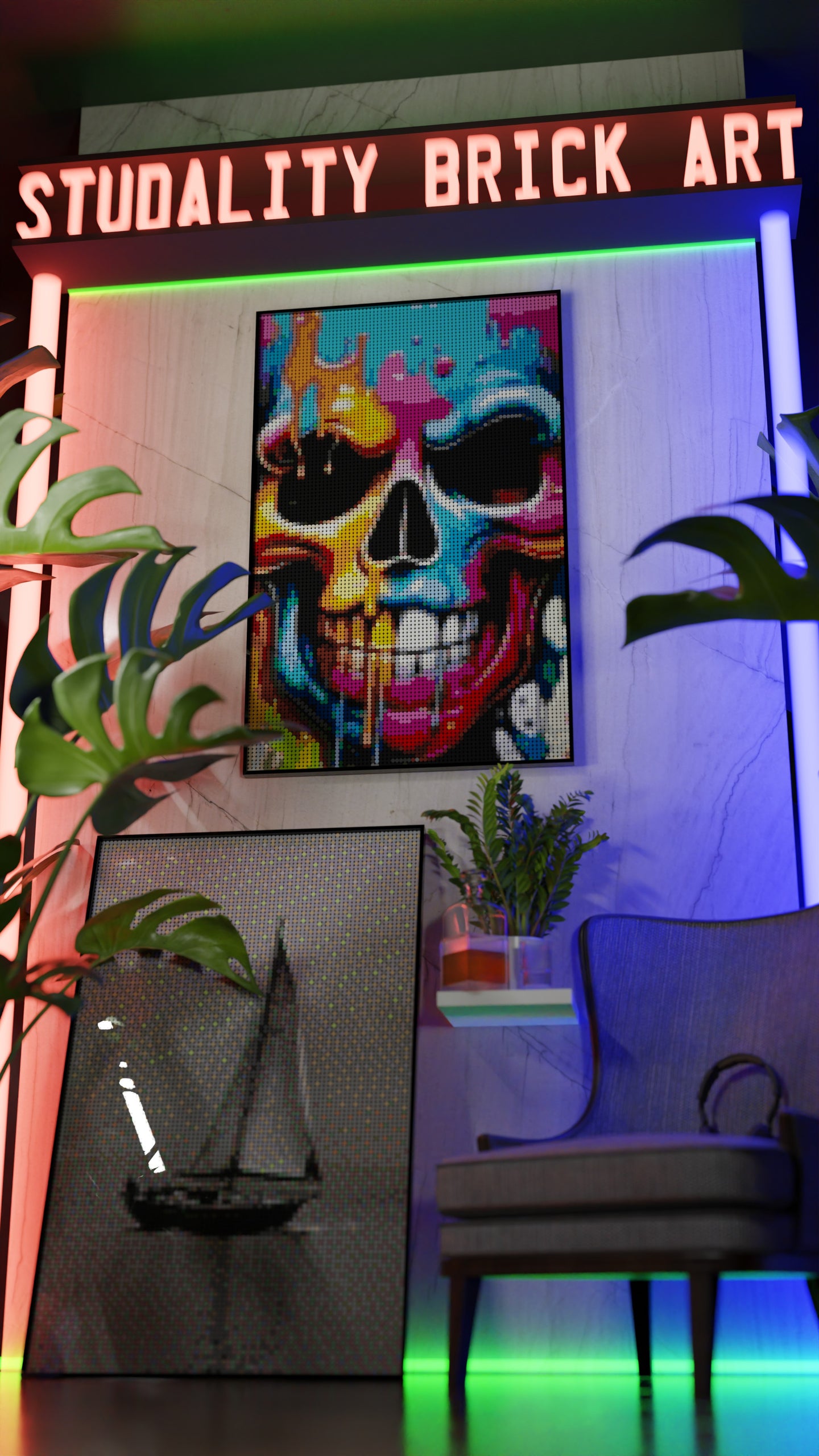 Vivid Decay LEGO® Style mosaic wall art made from colorful plastic bricks